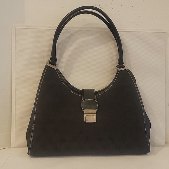 DOONEY AND BOURKE BLACK SIGNATURE FABRIC & LEATHER DOUBLE STRAP SHOULDERBAG‎ - Picture 1 of 10